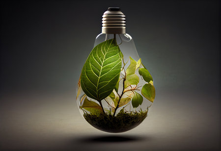 Ecology concept with green plant inside lightbulb on dark backgroundの素材