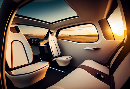 Modern Luxury Car Interior. Interior of prestige modern car. Comfortable leather seats. View from the window. Sunset.の素材