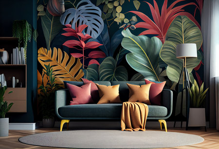 Interior of modern living room with green sofa and tropical plants, 3d renderの素材