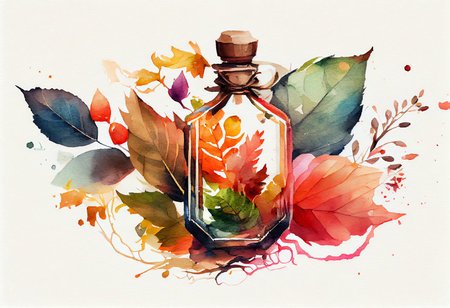 Watercolor illustration of a bottle of essential oil with autumn leaves.の素材