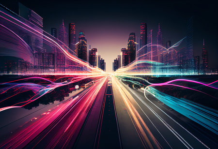 Modern city at night, light trails on the road, long exposureの素材