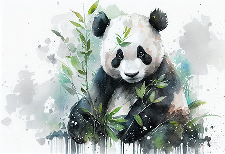 Watercolor illustration of a giant panda with bamboo leaves on white backgroundの素材