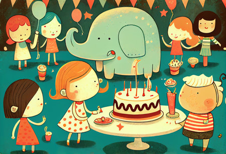 Illustration of a group of children celebrating the birthday of an elephantの素材