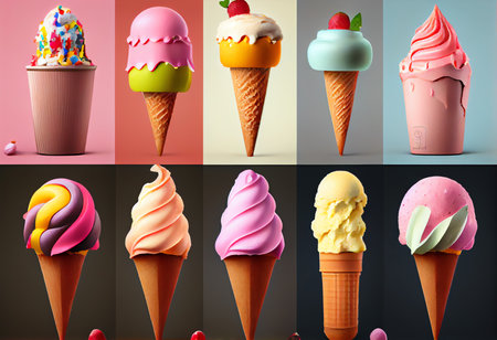 Set of colorful ice creams in waffle cones. Vector illustrationの素材