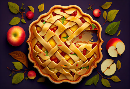 Homemade apple pie with fresh apples on dark background. Top view.の素材