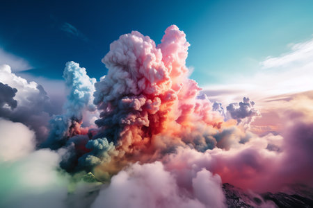 3D illustration of a huge explosion in the sky with clouds.の素材