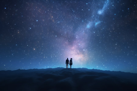 Silhouette of a man and a woman on the background of the Milky Wayの素材