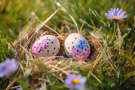 Easter eggs in nest on green grass with flowers. Happy Easter!の素材