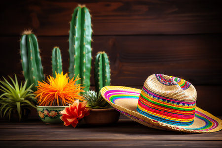Mexican hat with cactus on wooden background. Copyspaceの素材