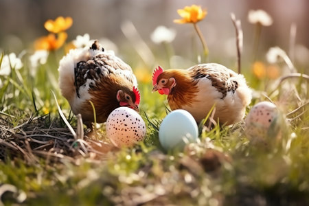 Easter eggs and hen on green grass. Happy easter!の素材