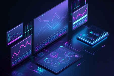 Isometric stock market data concept. Stock market financial indicator on virtual screen. Abstract stock market data background. Vector illustration.の素材