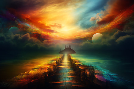 Mysterious island in the sea at sunset. 3d renderingの素材
