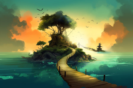 Wooden path leading to island in the sea at sunset, vector illustrationの素材