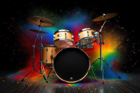 Drum set on a black background with multicolored splashesの素材