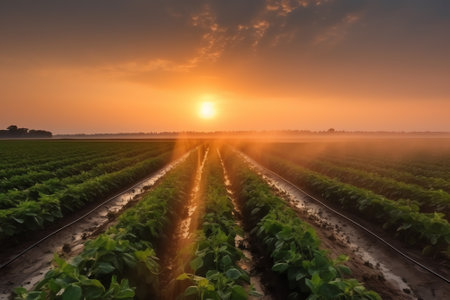 Sunset over soybean field with rows of young plants. Agricultural landscape.の素材