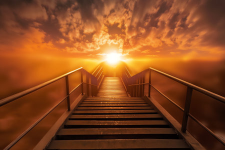 Wooden stairs leading to the sun in the sky with clouds.の素材