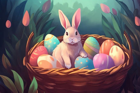 Easter bunny with colorful eggs in a basket. Vector illustration.の素材