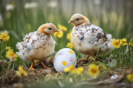 chickens and easter egg in the green grass with yellow flowersの素材