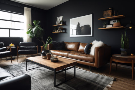 Interior of modern living room with black walls, wooden floor, comfortable brown sofa and coffee table. 3d renderの素材