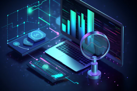Isometric illustration of a laptop with a magnifying glass on the background of graphs and chartsの素材