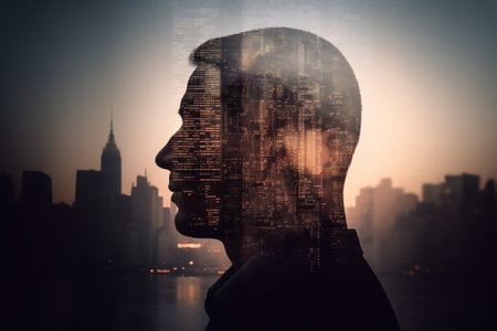 Silhouette of a man with a double exposure of a city.の素材