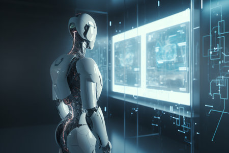 3d rendering humanoid robot in front of a holographic screen with chartsの素材