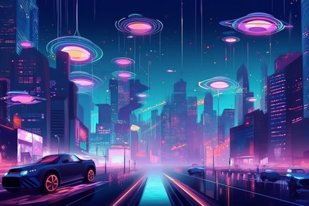 Futuristic city at night, neon lights, 3d renderingの素材