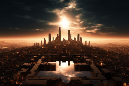 Futuristic city at sunset with skyscrapers and high buildingsの素材