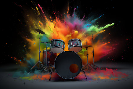 Drum set with colorful smoke on a black background. 3d renderingの素材