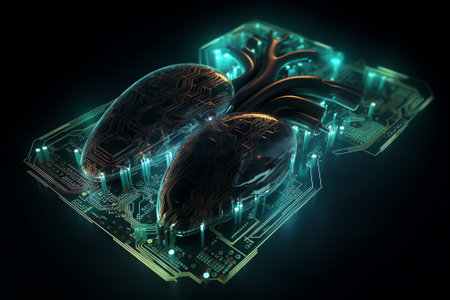3d rendering of a human liver on a computer circuit board.の素材
