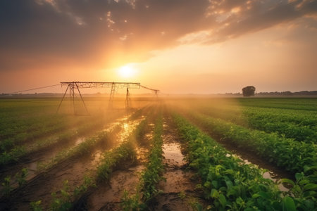 Cultivated field with irrigation system at sunset. Agricultural landscape.の素材