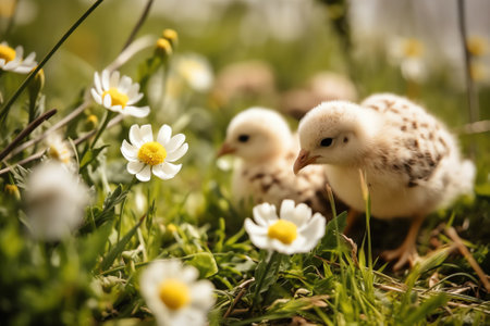 Chickens in the grass with daisies in the backgroundの素材