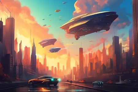 Futuristic spaceship flying over the city. 3D rendering.の素材
