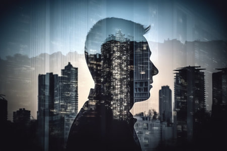 Double exposure of profile view of young man and modern cityscape at backgroundの素材
