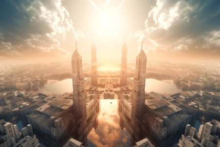 Futuristic city landscape with skyscrapers. 3d renderingの素材