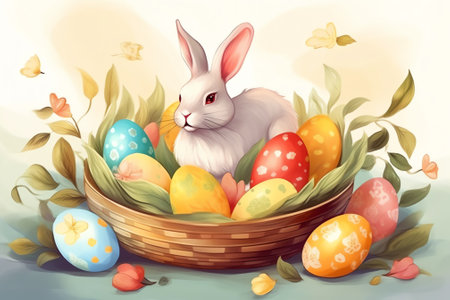Easter bunny with colorful eggs in basket on floral background. Vector illustrationの素材