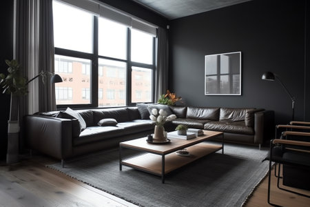 interior of modern living room with black sofa and wooden coffee tableの素材