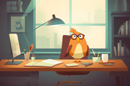 Illustration of a cute owl sitting on a desk in an officeの素材