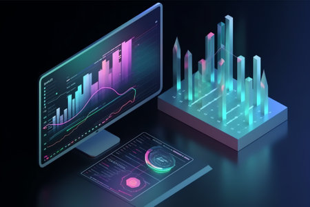 3d isometric business infographics on the monitor. Vector illustrationの素材