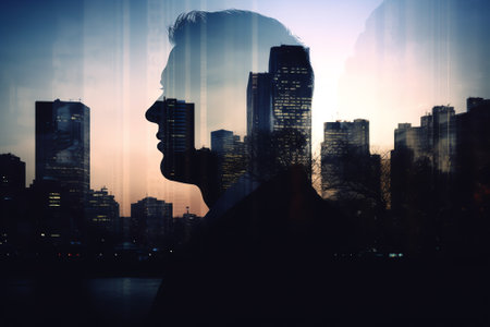 Double exposure of young business man and city background. Concept of success.の素材