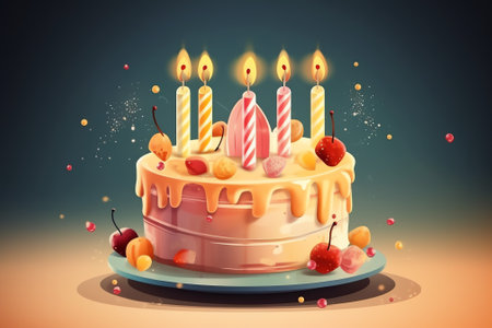 Birthday cake with burning candles and cherries, 3d illustrationの素材