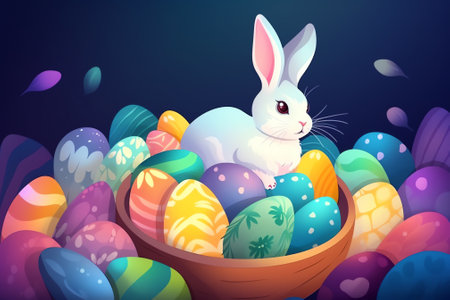 Easter bunny with basket full of colorful eggs. Vector illustration.の素材