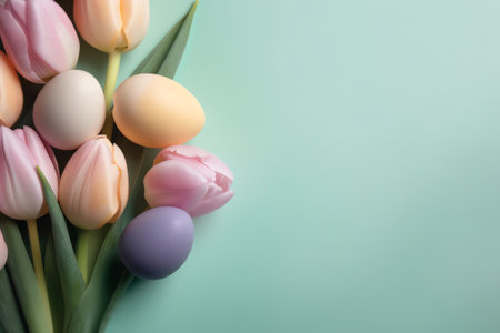 Bouquet of tulips and easter eggs on green backgroundの素材