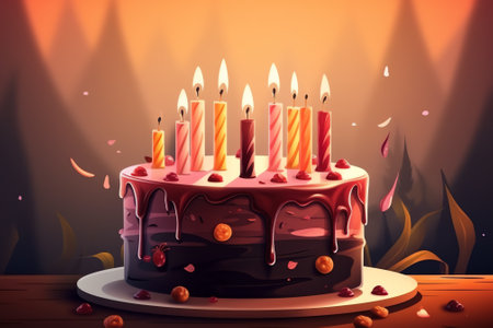 Birthday cake with burning candles on a wooden table. Vector illustrationの素材