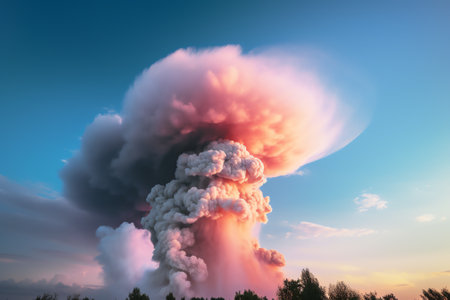 Big explosion in the sky with clouds and smoke. 3d renderingの素材