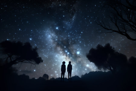 Silhouette of man and woman looking at night sky with starsの素材