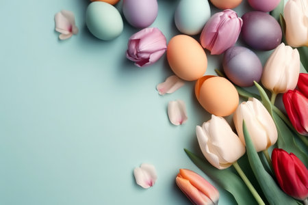 Colorful easter eggs and tulips on blue background with copy spaceの素材