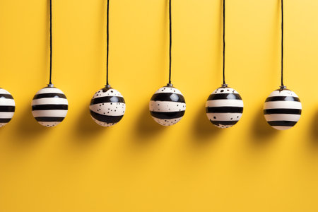 Easter eggs with black and white stripes on a yellow background.の素材