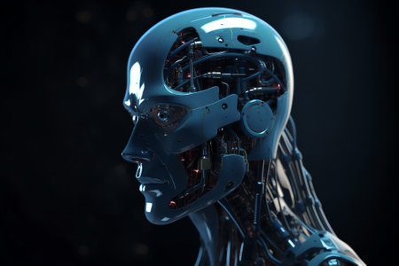 3d rendering of a female robot with cybernetic head on dark backgroundの素材