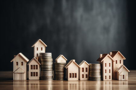 House model and coins stack on wooden table with dark background. Real estate concept.の素材